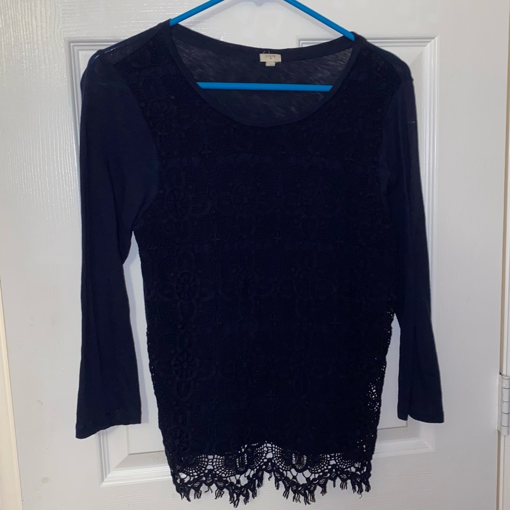 Three quarter length shirt from J Crew, dark blue, lace overlay, size medium